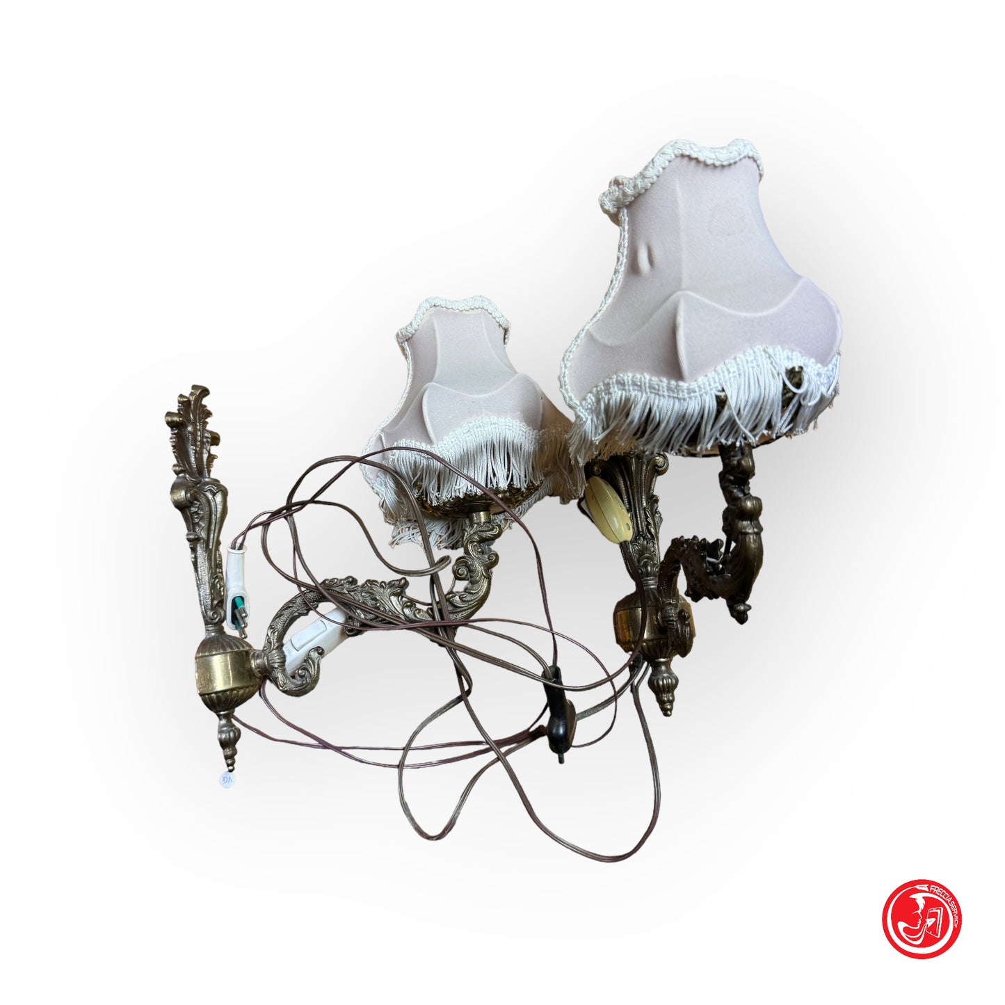 Pair of antique wall lamps with pink lamp covers