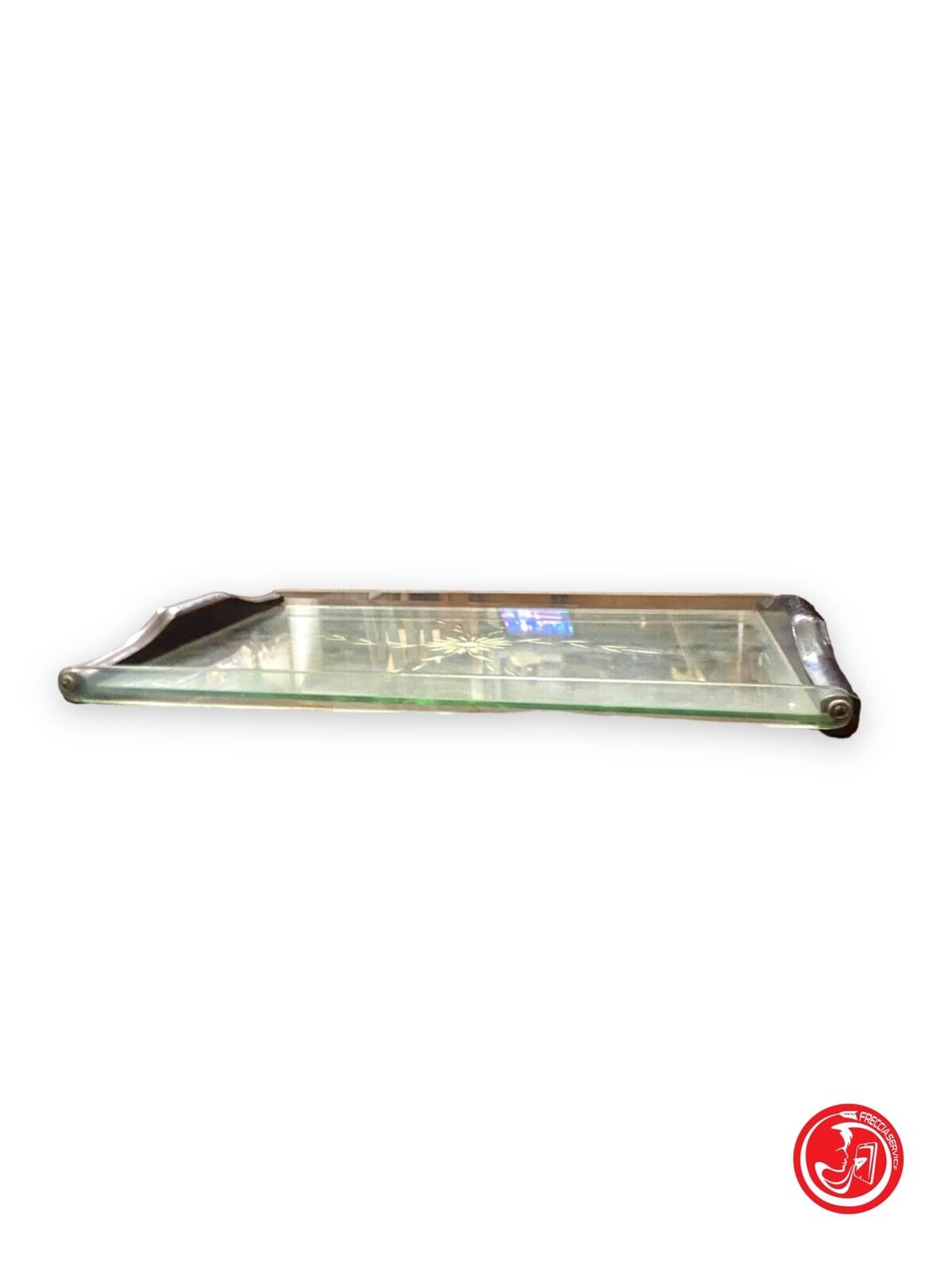 Vassoio in vetro con dettagli in ottone molto antico