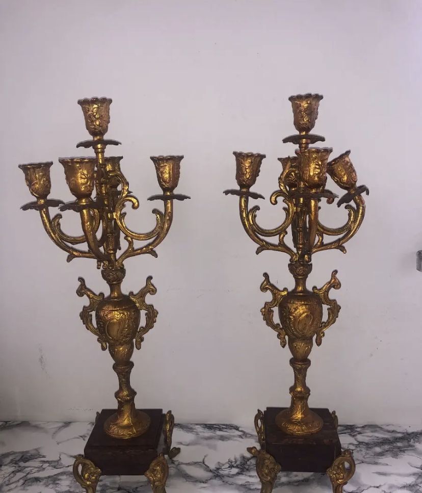 Antique triptych clock and 2 candelabra