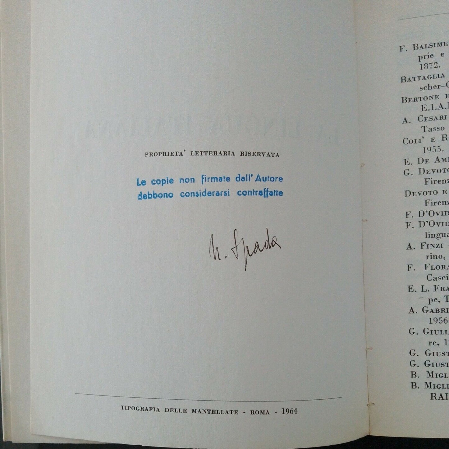 La lingua italiana, Nicola Spada ,Firma Autografa, Tip. Mantellate,1964