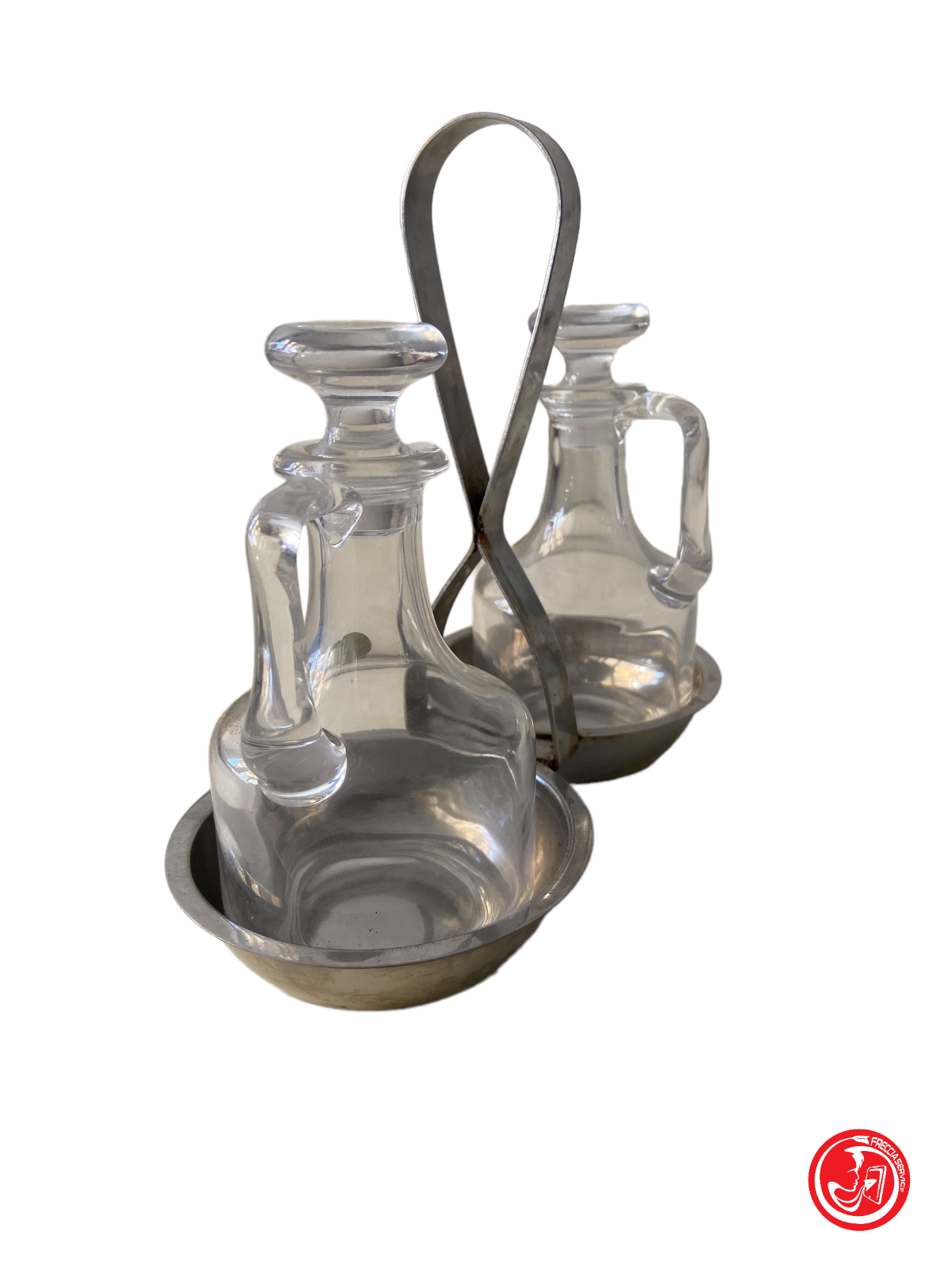 Glass oil and vinegar cruet with metal support