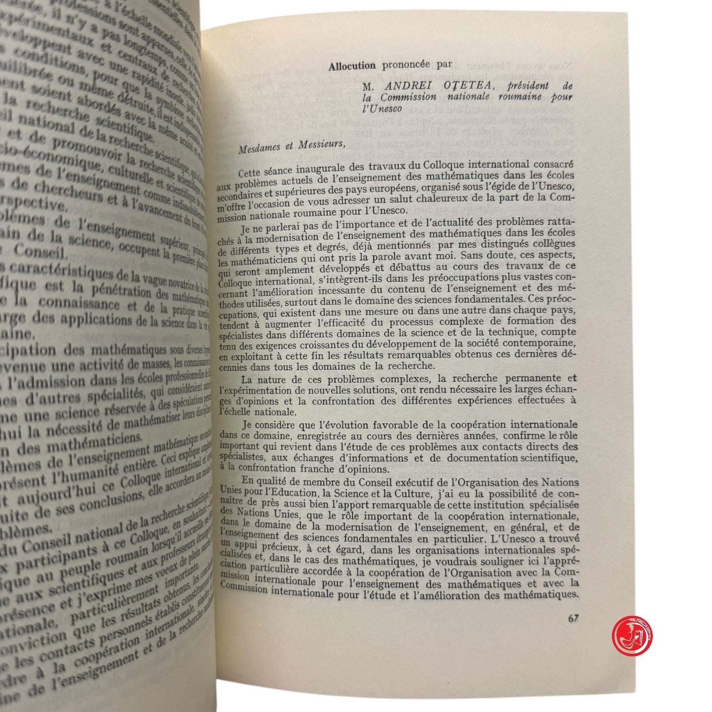Matematica - Colloque international unesco - Bucarest 1966