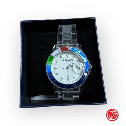 Print watch with transparent plastic strap and original box