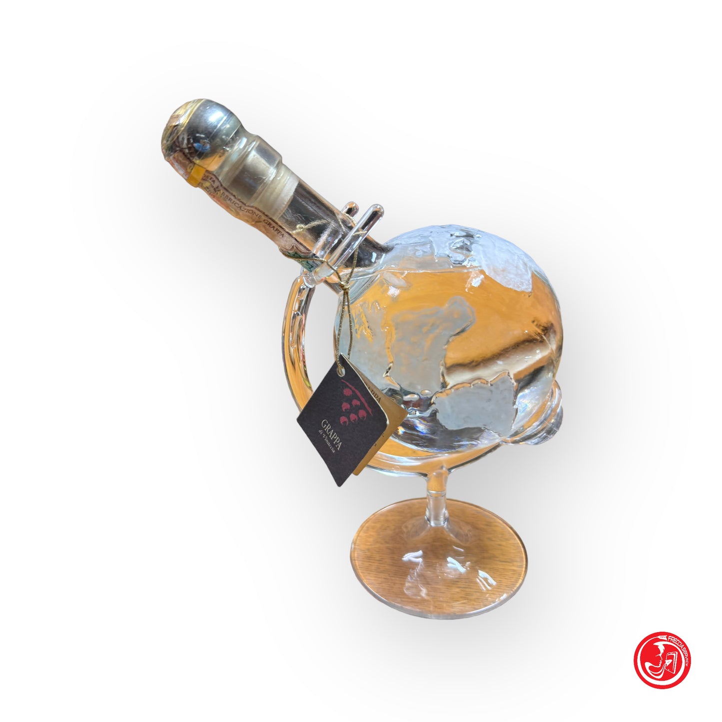 White pomace grappa in a splendid world bottle with plastic support