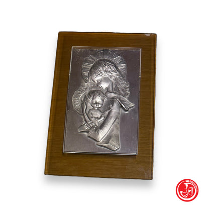 Maternity in relief with glass frame and wooden base - sacred art