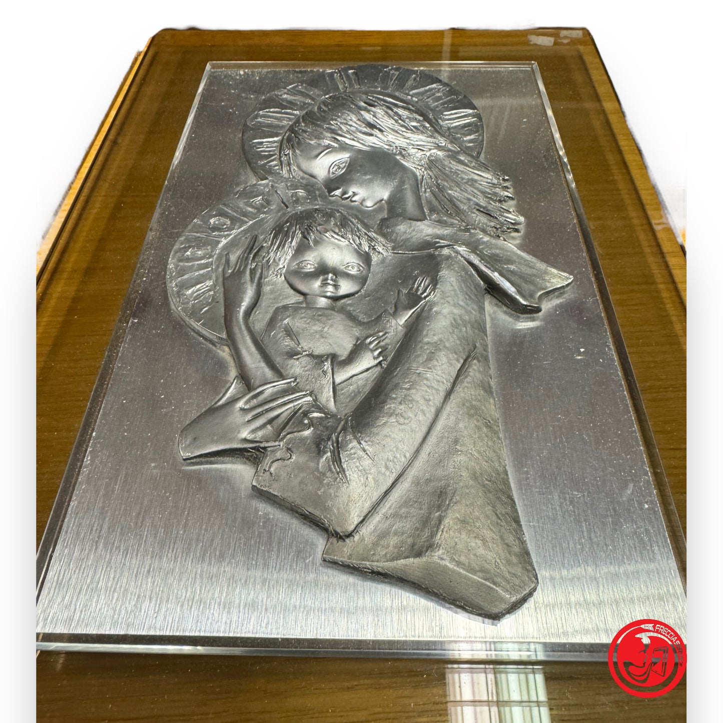 Maternity in relief with glass frame and wooden base - sacred art