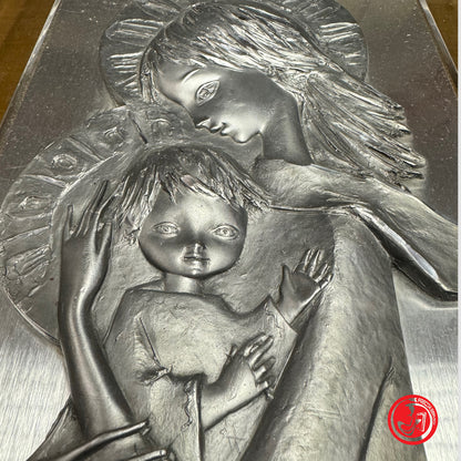 Maternity in relief with glass frame and wooden base - sacred art