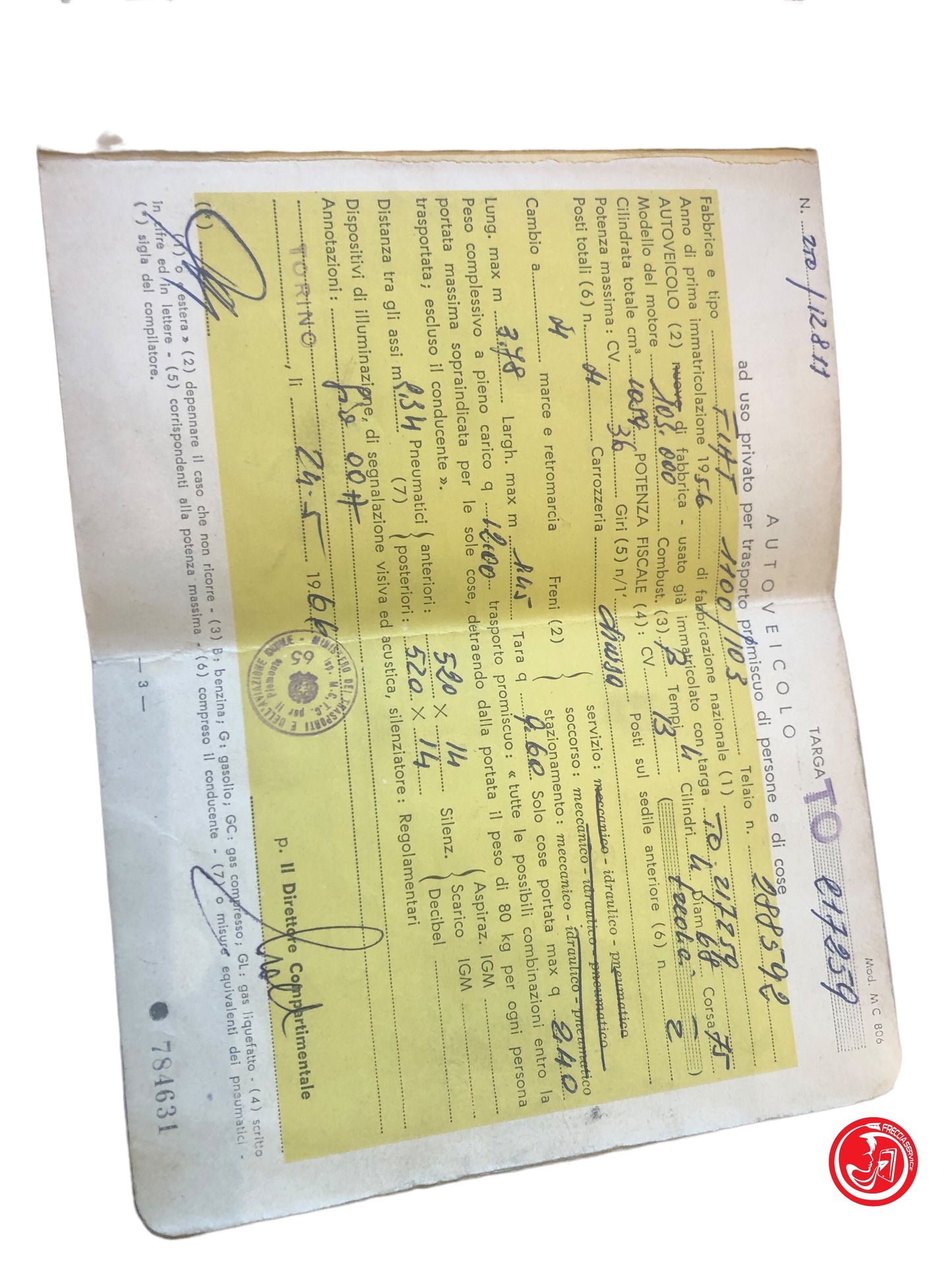 CARTA DI CIRCOLAZIONE FIAT 1100