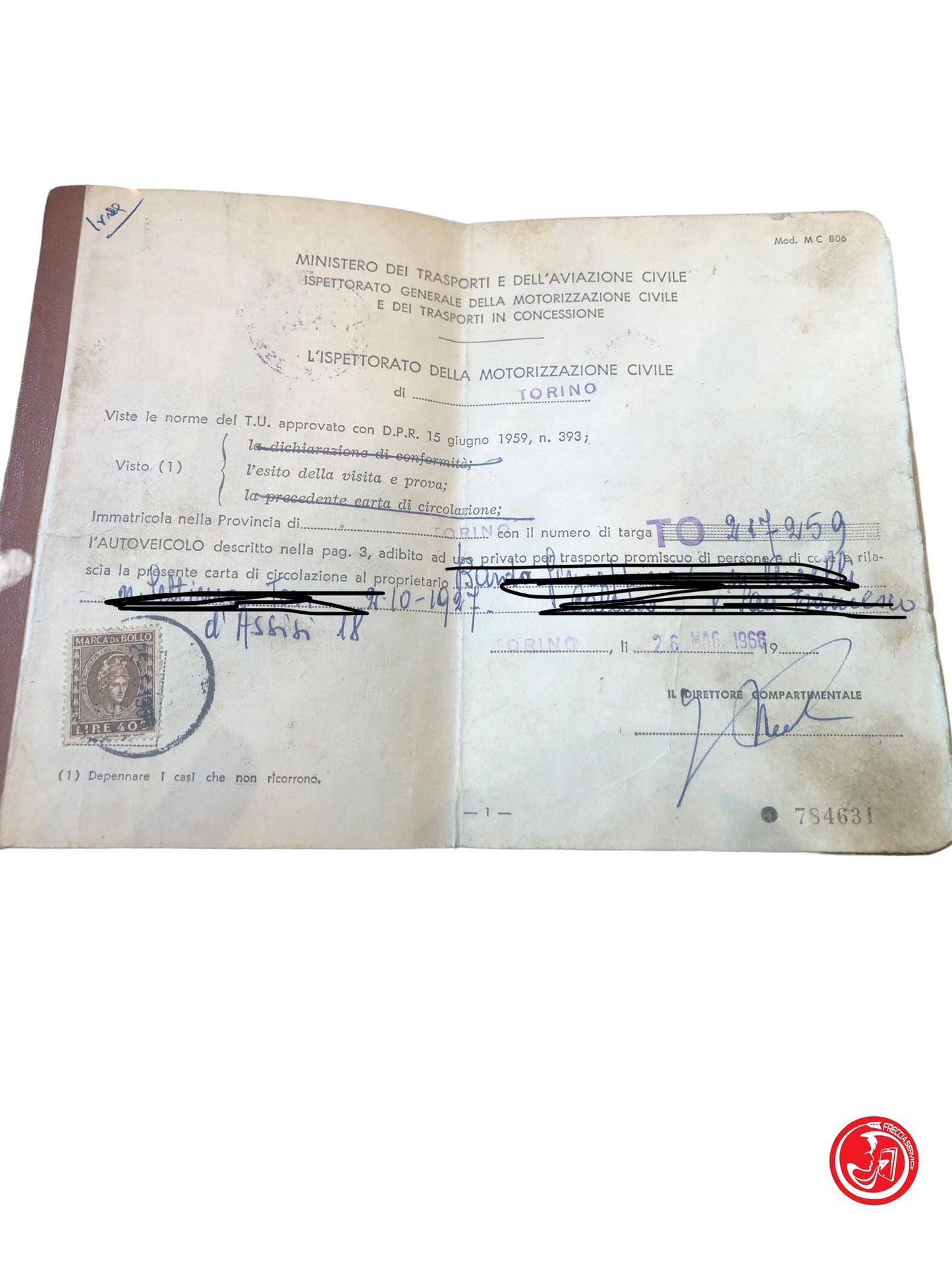 CARTA DI CIRCOLAZIONE FIAT 1100