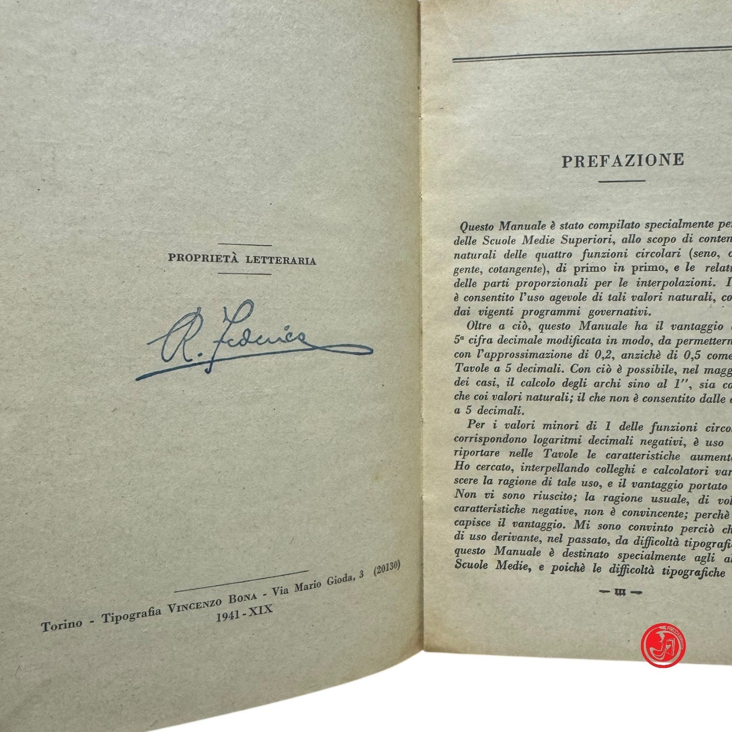 Matematica - R. Federico - Tavole dei logaritmi - Torino 1941