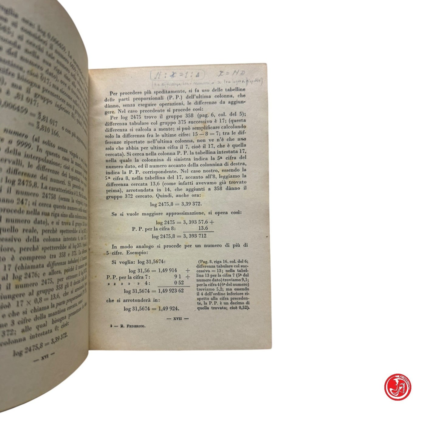 Matematica - R. Federico - Tavole dei logaritmi - Torino 1941