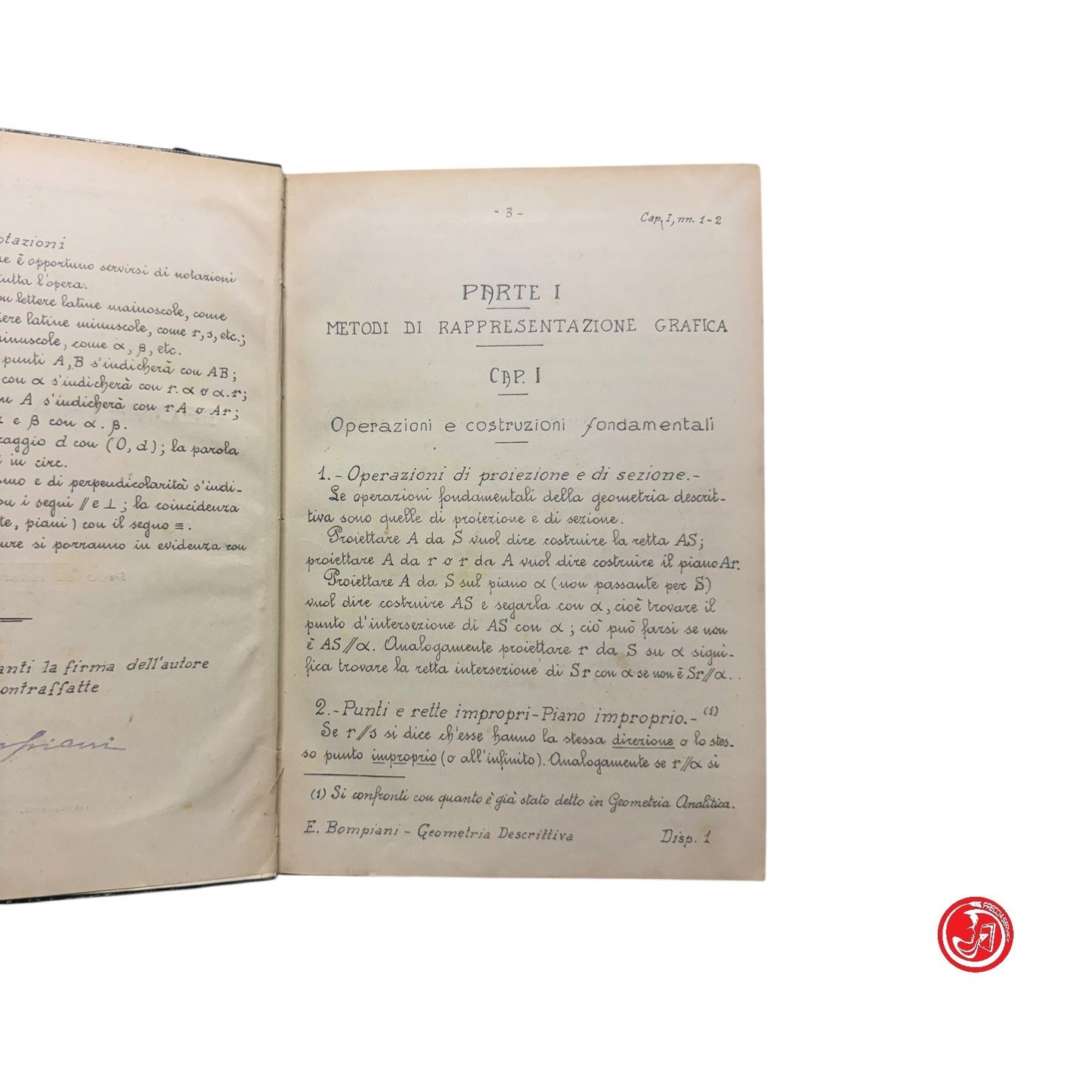 Matematica - Prof. E. Bompiani - Geometria descrittiva anno XVIII