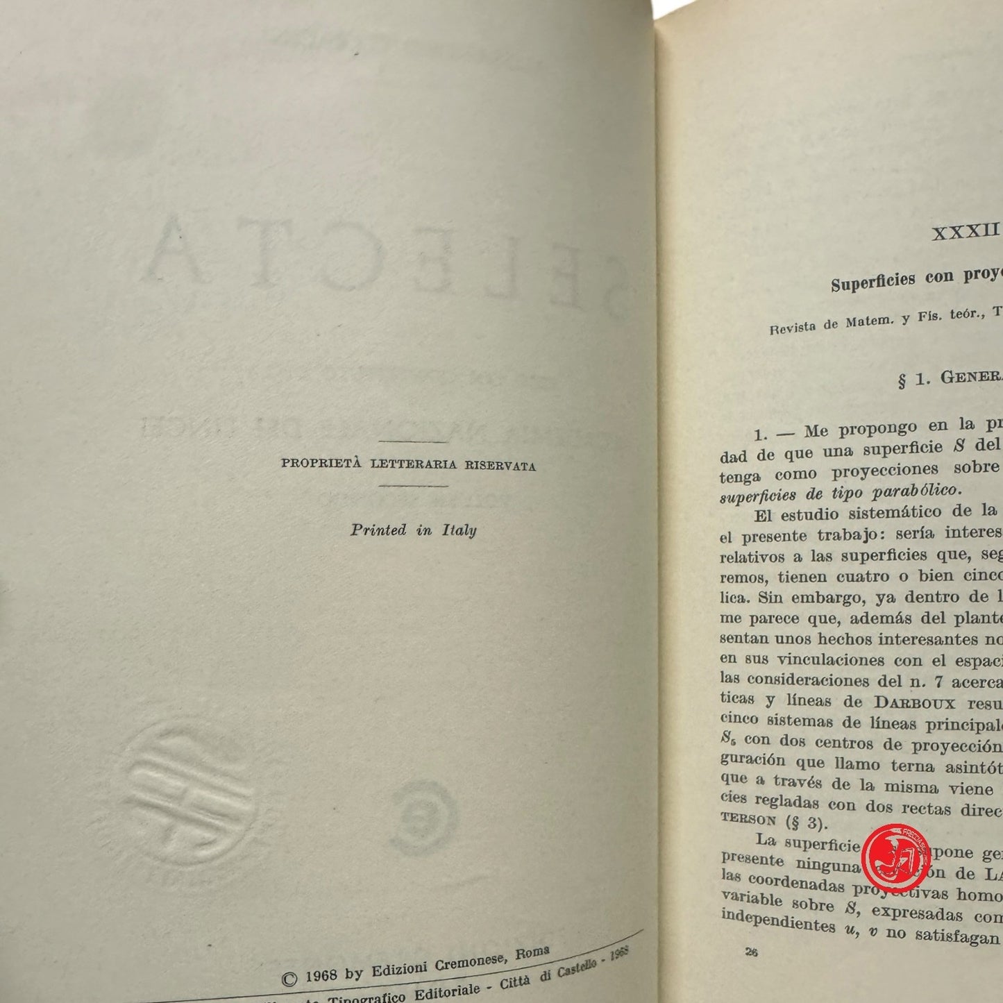 Matematica - A. TERRACINI - SELECTA VOLUME PRIMO e VOLUME SECONDO