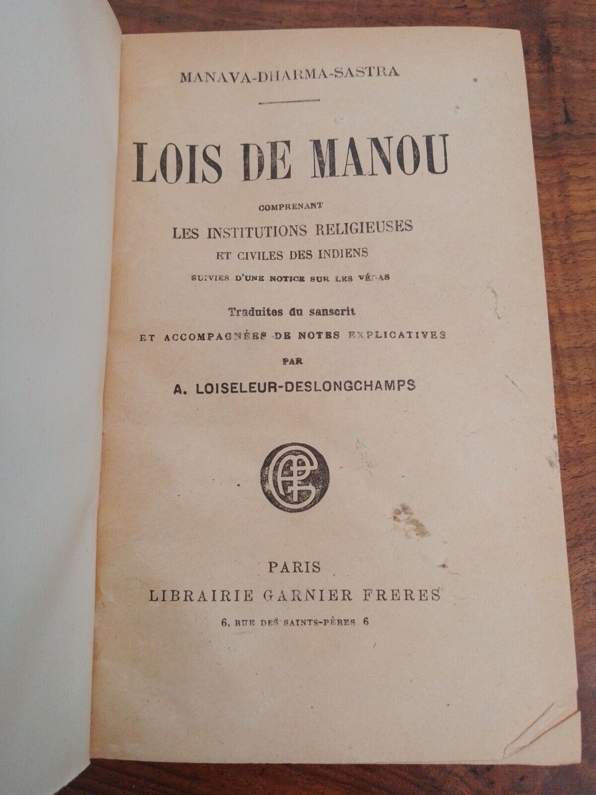 Lois de Manou, M.D. Sastra, Garnier Freres