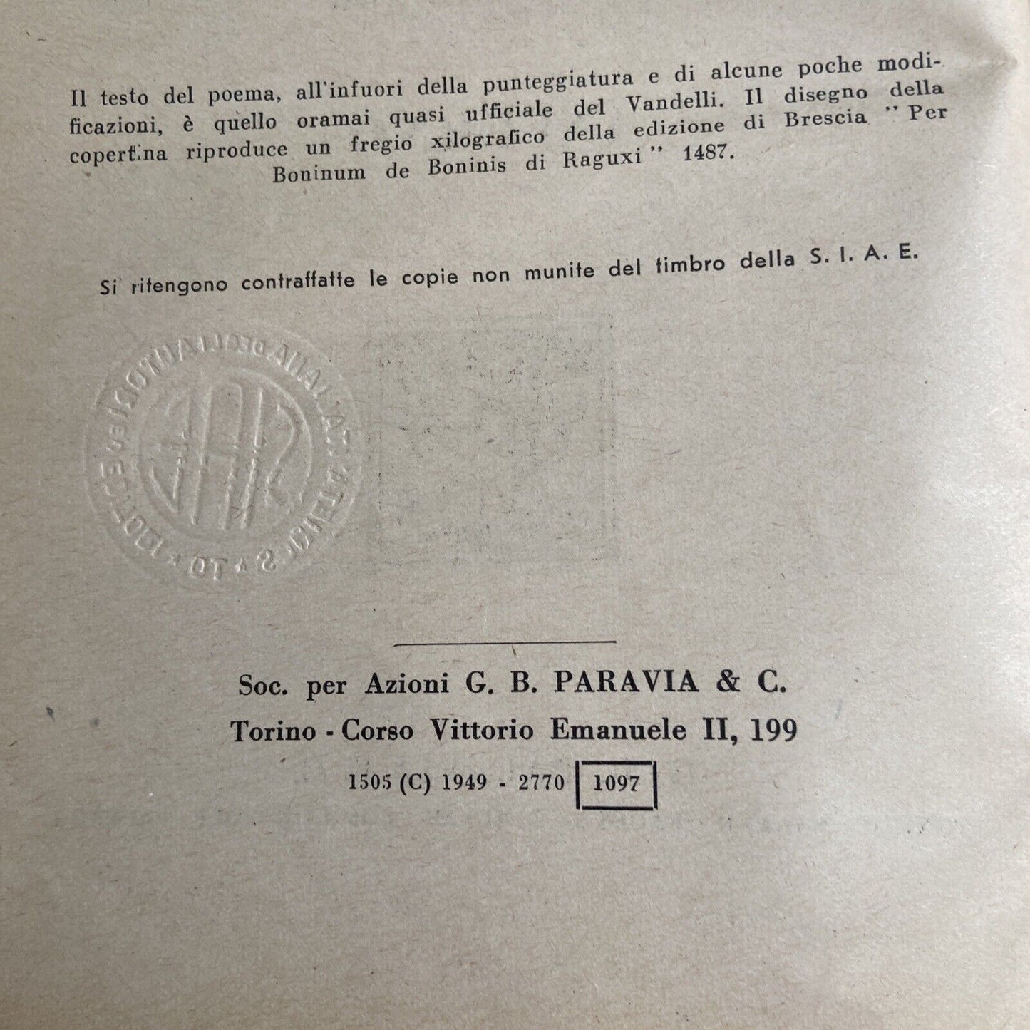 D. Alighieri : La divine comédie - Paravia 1949, édité par Carlo Steiner Stamp