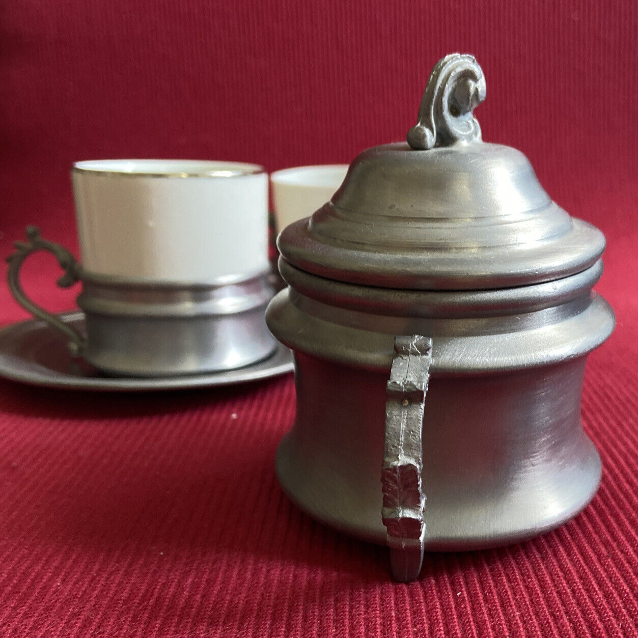 Pewter cup and sugar bowl