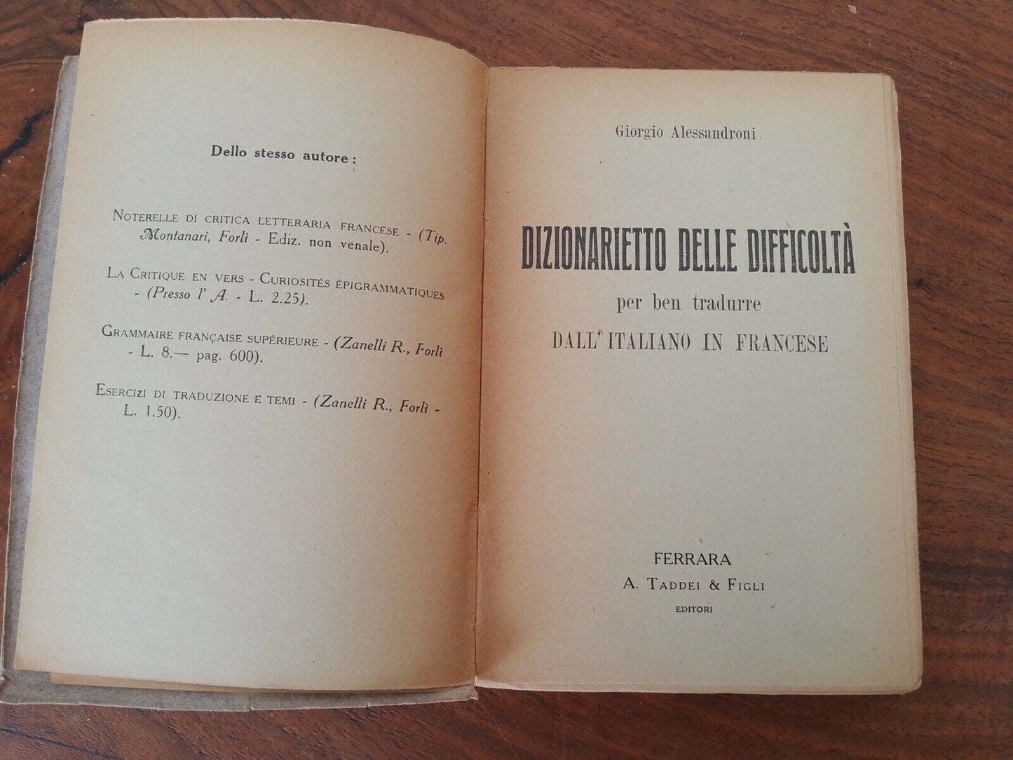 Dictionnaire des difficultés, G. Alessandroni, Taddei Ferrara, 1921