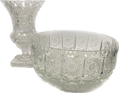 Set of carved Bohemian crystal trays and vases (see description) 