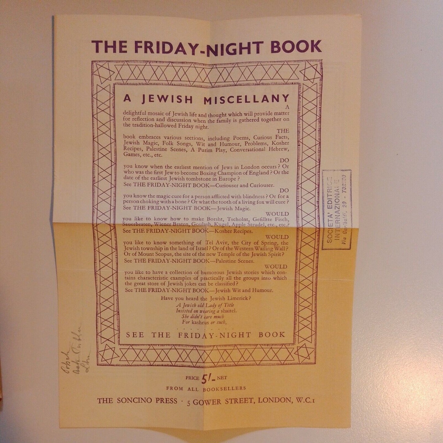 The Friday Night Book, a jewish miscellany, The Soncino Press, 1933