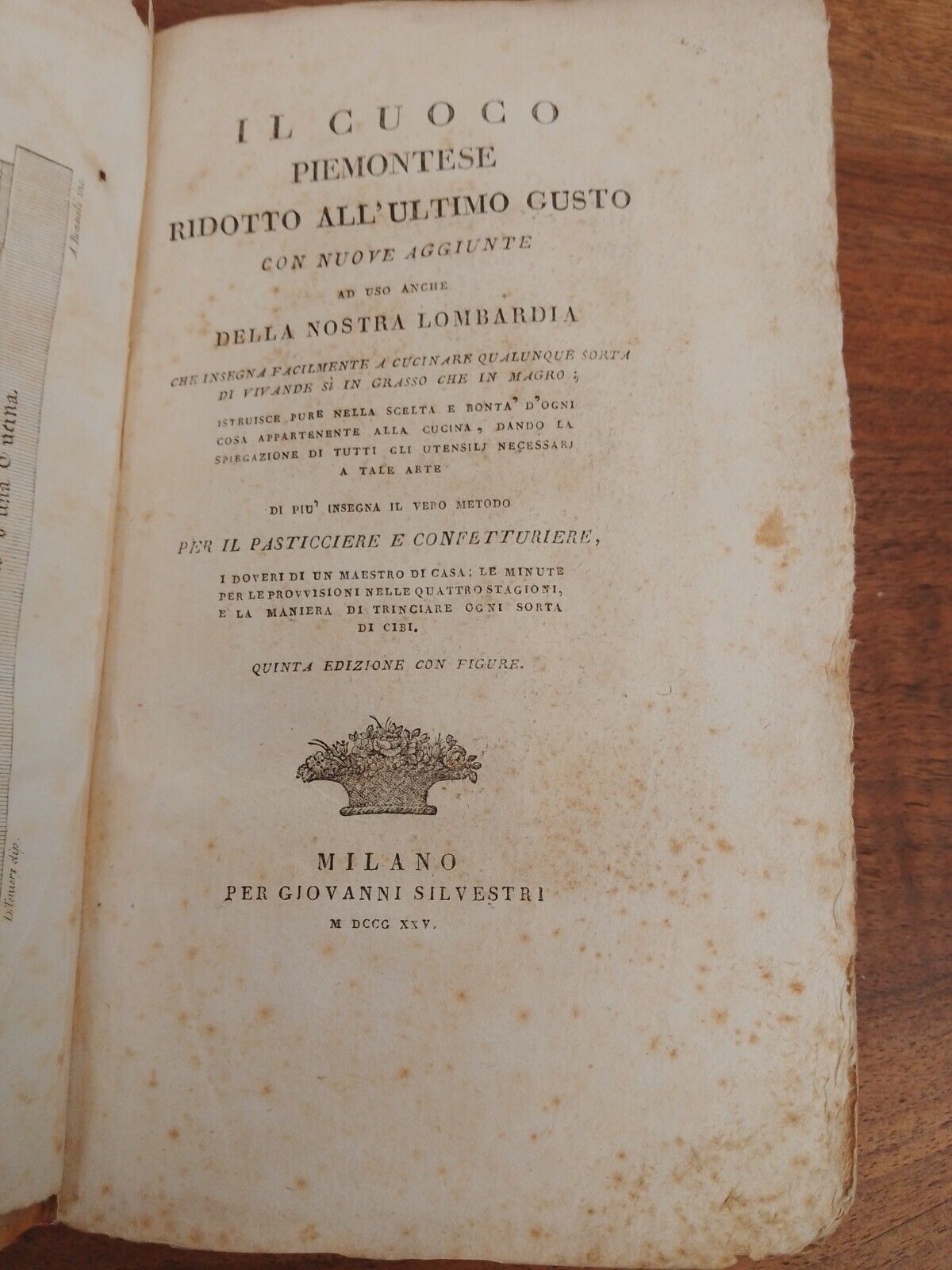 Il Cuoco piemontese ad uso della Lombardia...- Silvestri 1826 Rarissimo