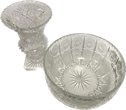 Set of carved Bohemian crystal trays and vases (see description) 