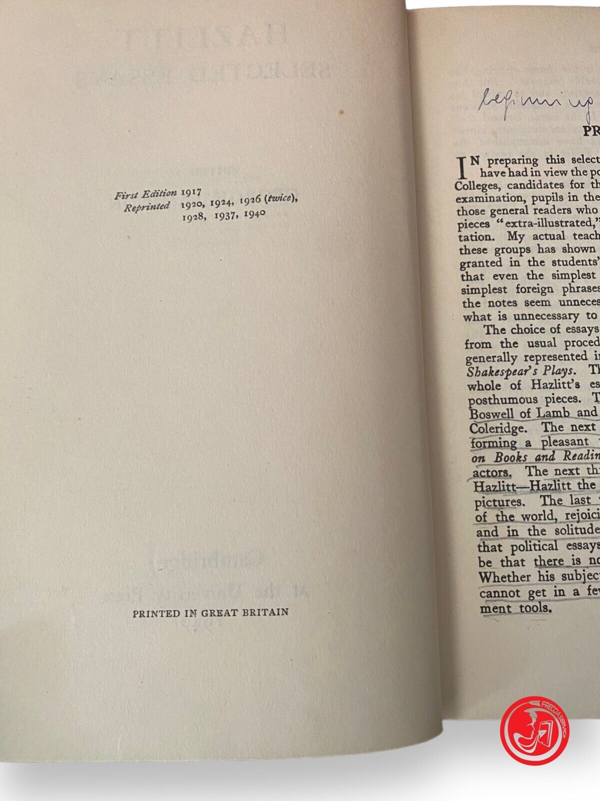 Essai sélectionné par Hazlitt - G. Sampson, Cambridge 1940