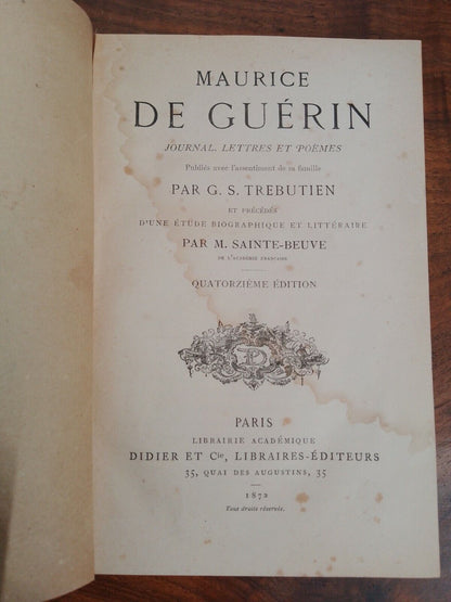 Maurice De Guerin, Journal lettres et poems, par Trebutien, 1872