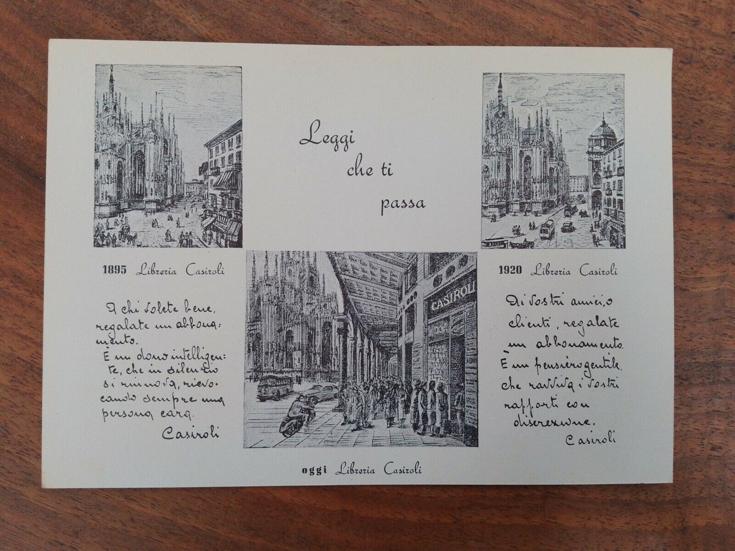 Advertising postcard "Leggi che ti passa", Casiroli Bookshop, 1955.