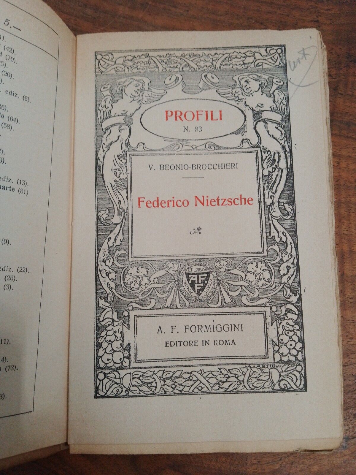 Federico Nietzsche, V.Beonio-Brocchieri, Profils N.83, Formiggini Ed.,1926