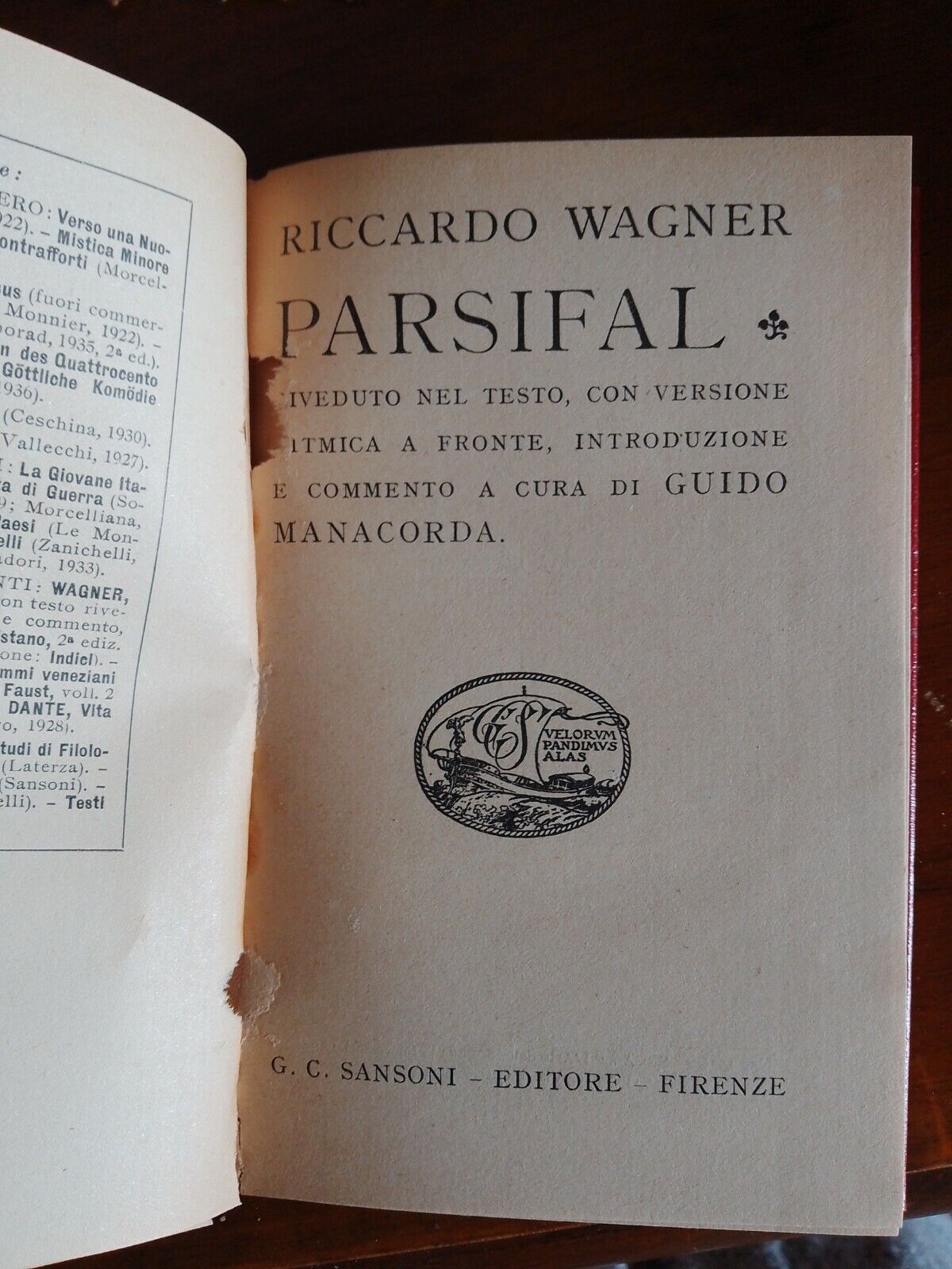 PARSIFAL, RICCARDO WAGNER, SANSONI, 1936, trad. opposé