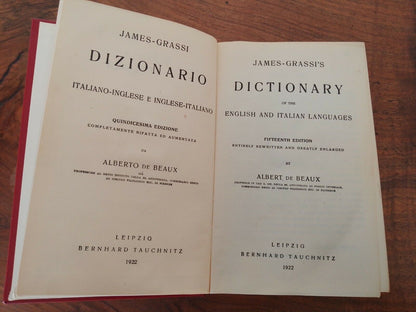 James-Grassi Dictionary, Italian/English, A.De Beaux, Leipzig, 1922