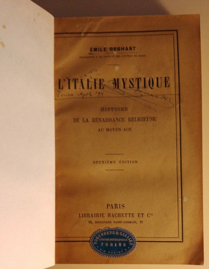 L'Italie Mystique - Emile Gebhart - Hachette, Paris, 1893