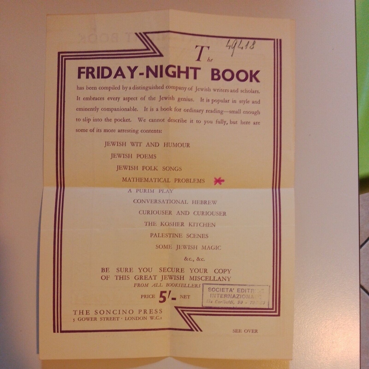 The Friday Night Book, a jewish miscellany, The Soncino Press, 1933