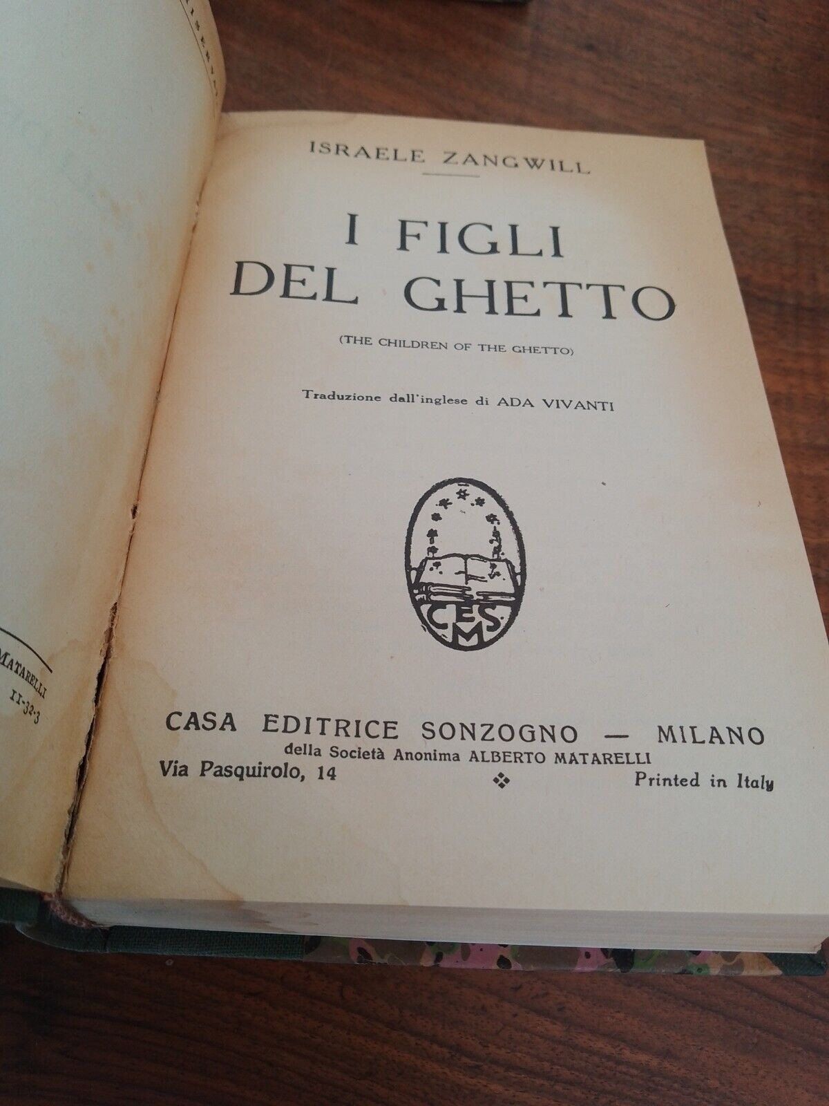 I Figli del ghetto, I. Zangwill, casa ed. Sonzogno, 1932 Raro