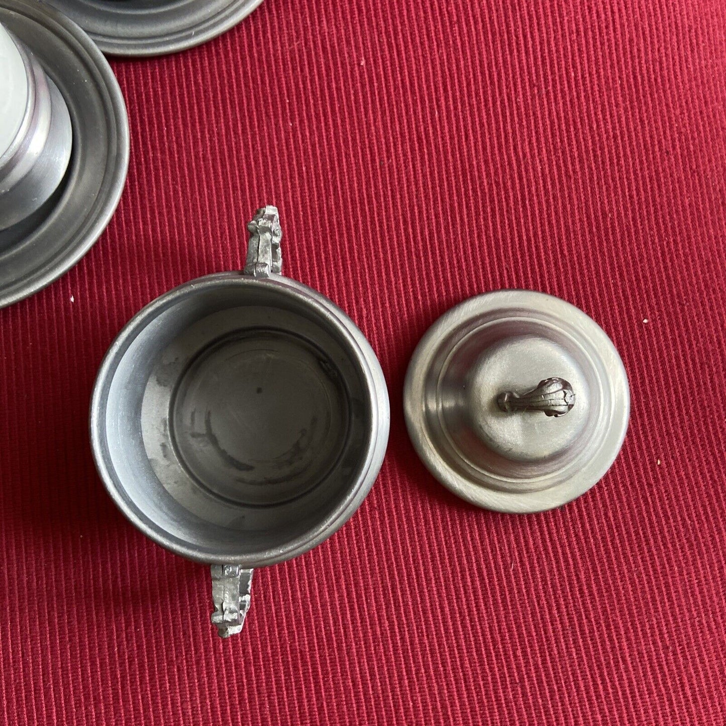 Pewter cup and sugar bowl