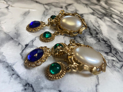 Vintage earrings - pearl and blue and green stones