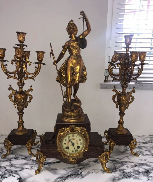 Antique triptych clock and 2 candelabra