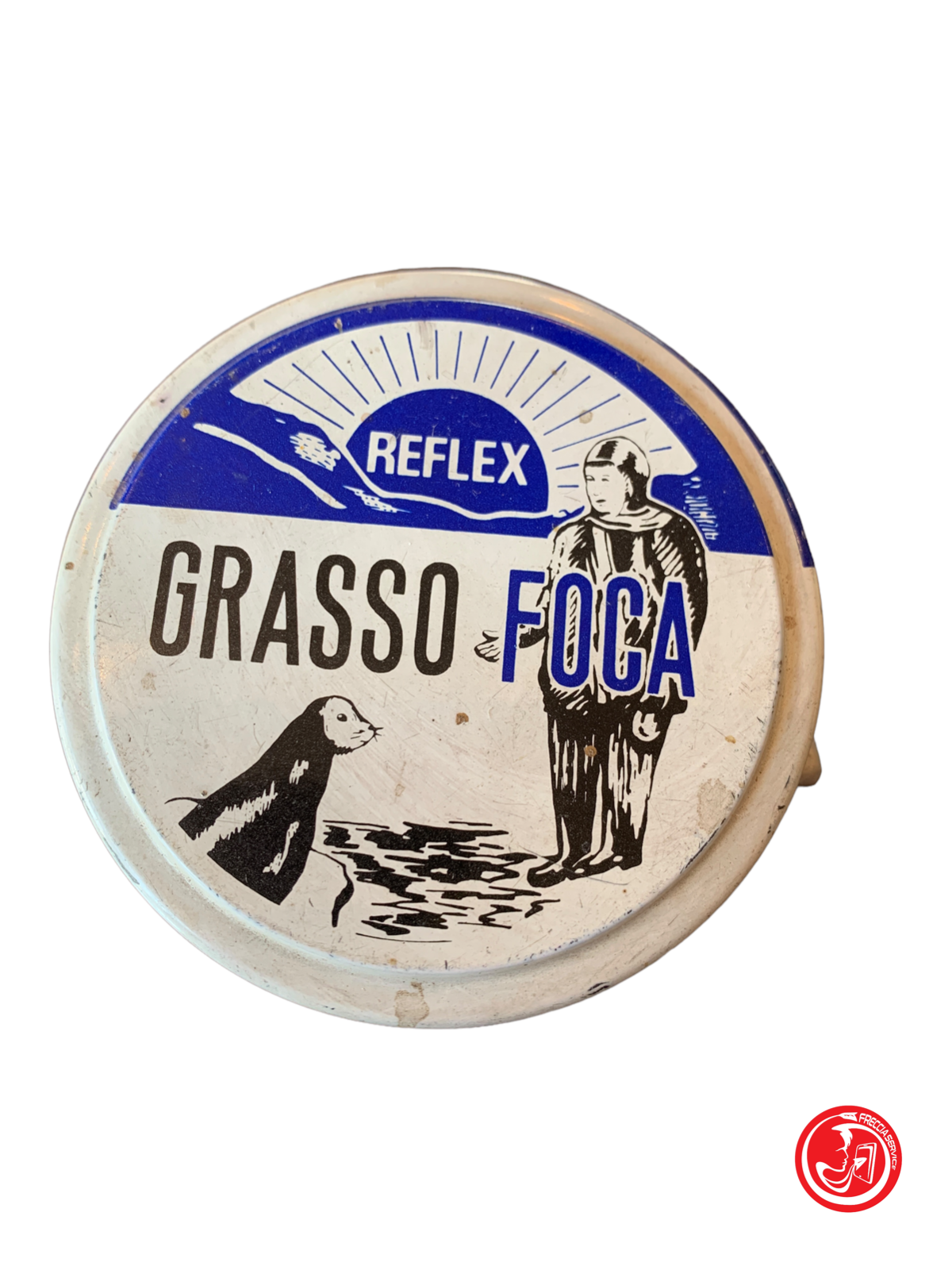 Scatola di latta vintage Reflex grasso di foca