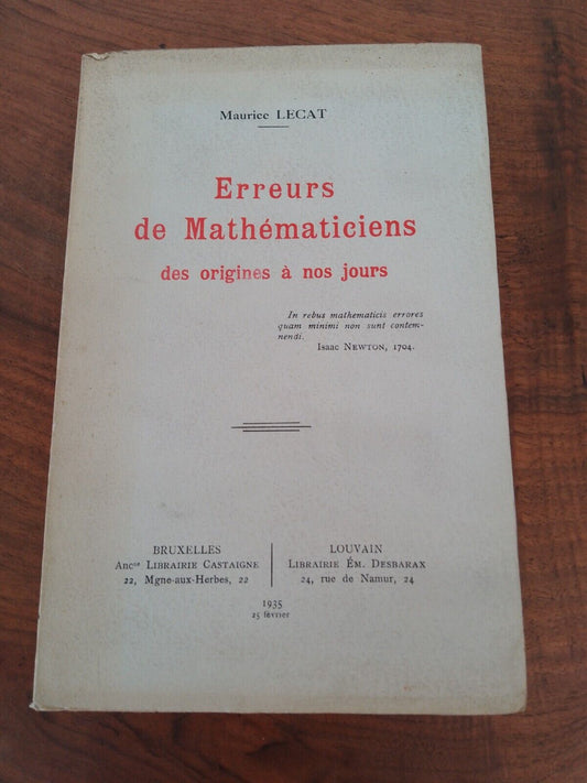 Erreurs de Mathematiciens, M. Lecat, 1935 RARE