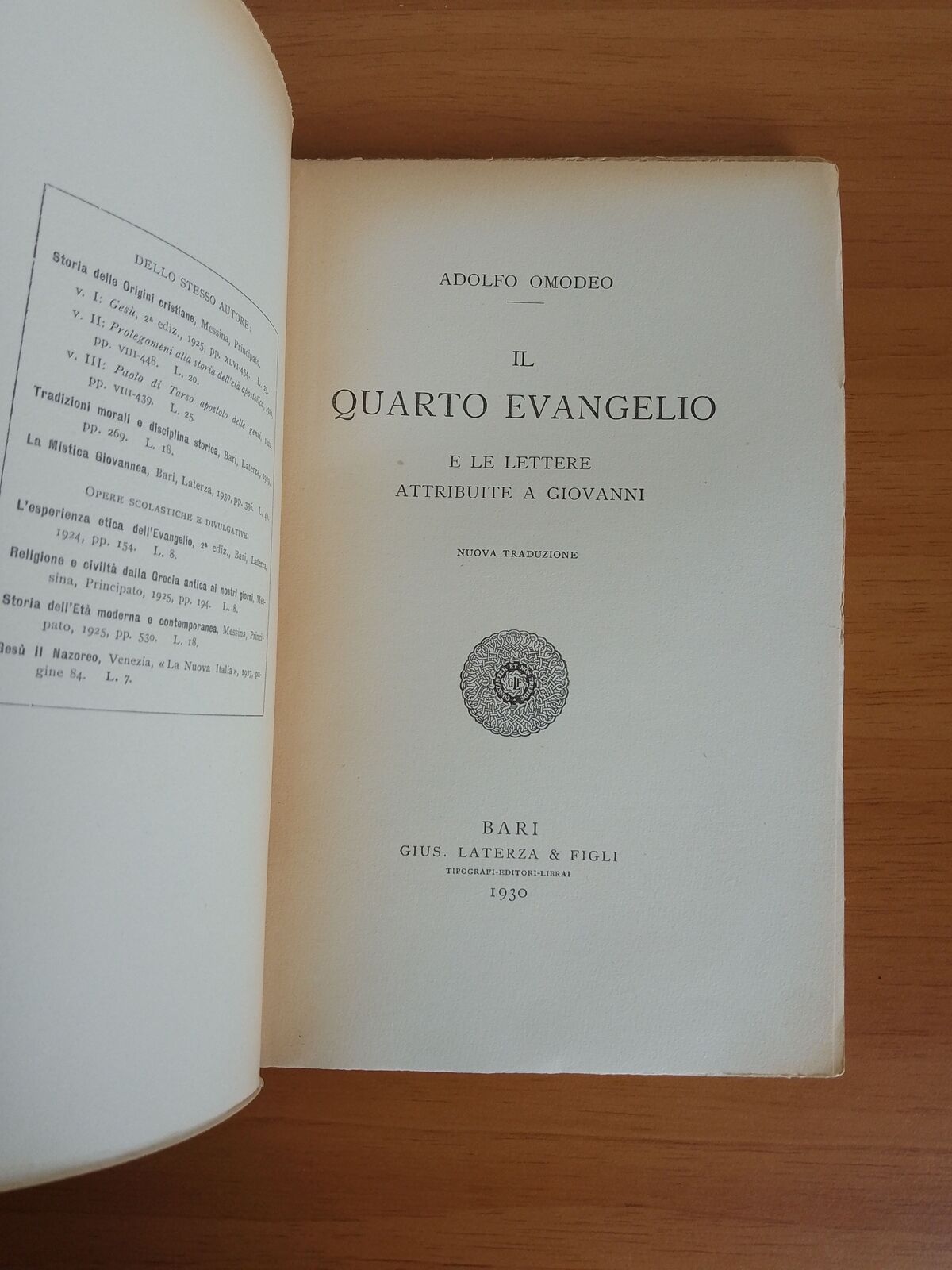 LE QUATRIÈME ÉVANGILE, A. Omodeo, Laterza, 1930