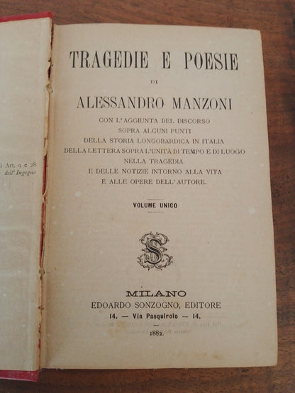 Tragedie e Poesie di A. Manzoni, Sonzogno 1882