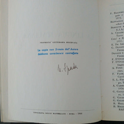 La lingua italiana, Nicola Spada ,Firma Autografa, Tip. Mantellate,1964