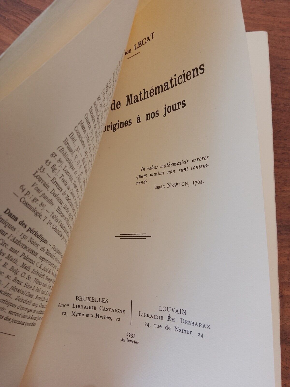 Erreurs de Mathematiciens, M. Lecat, 1935 RARO