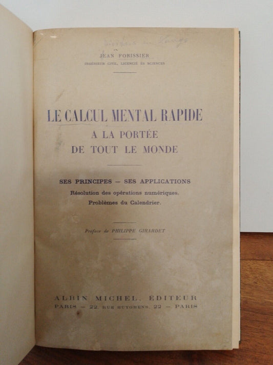 Le Calcul mental rapide, J. Forissier, Michel Ed., 1932 Raro