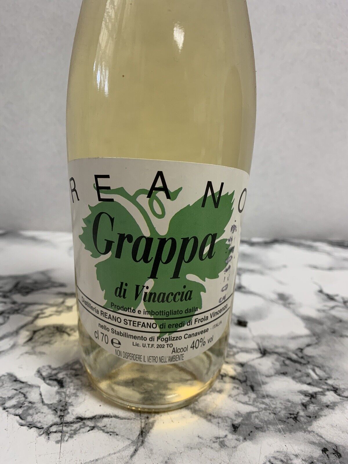 Bottle of Reano pomace Grappa